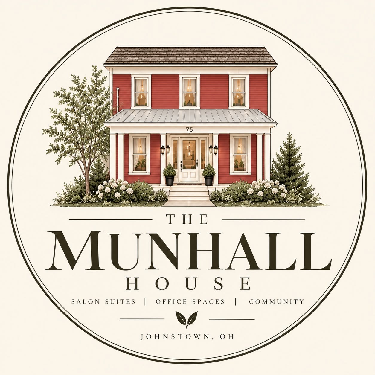 Illustrated logo of The Munhall House featuring a historic red building